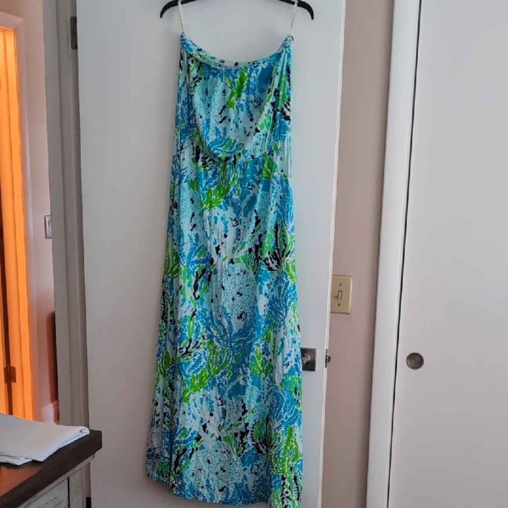 Lilly Pulitzer Blue and Green Patterned Strapless Women's Maxi Dress